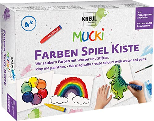 KREUL 29104 - Mucki FarbenSpielKiste, Wir zaubern Farben mit Wasser & Stiften, 6 Papier-Pfiffikus Aquarellmalstifte, 1 Pinsel, 10 Motiv-Karten & QR-Code, 1 Spielanleitung, Malen auf Papier, Karton