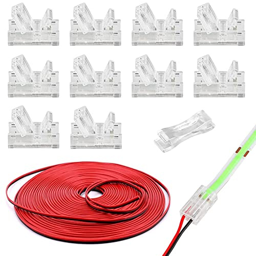 HOMELYLIFE 2 Pin 8mm COB LED Strip Connectors with 16.4ft Extension Cable | 10 Pack, Soldless, Strip to Wire, Quick Connection, Easy to Install, 22 AWG Cable, with Mini Tool, for 8mm COB Strip Lights