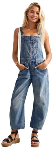 Kedera Womens Denim Bib Overalls Barrel Leg Adjustable Strap Jean Jumpsuit