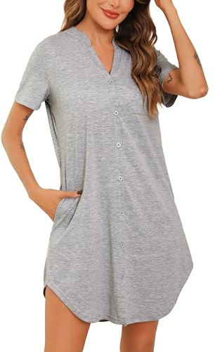 Vlazom Camicie da Notte Donna in Cotone Estiva Scollo a V a Manica Corta Bottoni Davanti,M,B-Grigio Chiaro