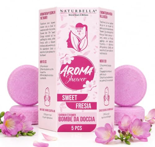 Naturbella 5 Bombe da Doccia Avvolgenti Aroma Shower Arancio Dolce e Fresia, con Olio Essenziale Biologico di Arancio Dolce, Shower Bomb Aromaterapia Avvolgente, per Doccia Aromaterapica Made in Italy