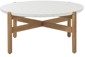 Dehner Lounge Tisch Portofino, weiß/Hellbraun, Ø 80 cm, Höhe 37.8 cm | großer Terrassentisch, FSC® zertifiziertes Teakholz / Tischplatte aus Terrazzo