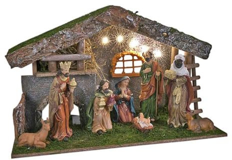 zeitzone Weihnachtskrippe mit Beleuchtung LED Holz Krippenfiguren Weihnachten Handbemalt