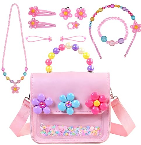 Rieoany Mädchen Handtasche mit Kinderschmuck Set, Blumen Perlen Kindertasche, Verstellbare Schultertasche Geschenk für Mädchen Geburtstag Einschulung