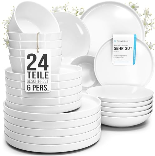 Porzellan Geschirrset 6 Personen Crystal 24 tlg. TESTSIEGER, Cooles klares Porzellan Geschirr Set, Schüssel- und Teller Set, Tafelservice 6 Personen, Geschirrsets Pure Living in weiß