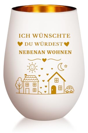 Scinzene Windlicht mit Gravur „Ich wünschte du würdest nebenan wohnen“, Weiß-Gold Metall-Teelichthalter 11,6 cm, Geschenk für Freundin & beste Freundin, Nachbarin Geschenk, Wohnzimmer Deko