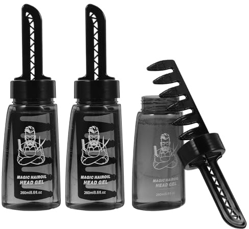 GALPADA Flacons de Gel Coiffant Rechargeables avec Peigne Applicateur Portable et Facile à Utiliser Lot de 3 en Plastique Noir 260ml pour Coiffeurs et Barbiers