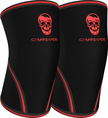 Gymreapers Ellenbogenbandagen (1 Paar) – Unterstützung, Kompression für Powerlifting, Gewichtheben, Bank, Sehnenentzündung – 5 mm Neoprenhülle (Schwarz/Rot, Medium)