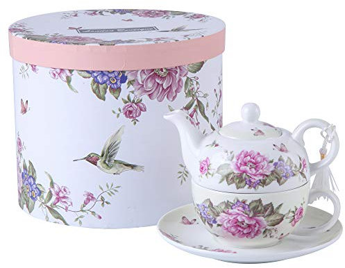 London Boutique Set da tè per Una teiera in Porcellana Shaby Chic Flora Bird Rose Butterfly (Beige/Crema)