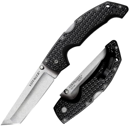Cold Steel, Large Voyager Lockback, Klappmesser, Tanto Klinge, stonewashed, Taschenmesser, Griff: Griv EX, AUS-10A Klingenstahl, scharfes Messer für Outdoor, Camping, Schnitzen