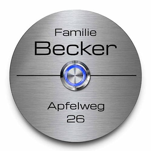 Edelstahl Türklingeln Modell Becker mit individueller Gravur - Klingel Größe: Ø 9 cm und einem Premium LED Klingelknopf Taster | Klingelschilder optional mit schönen Acrylplatten