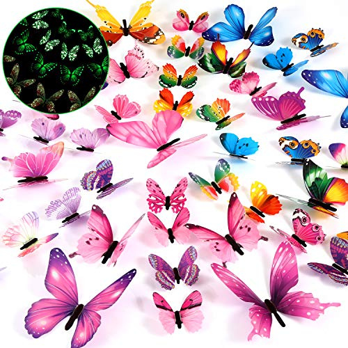 Outus Lot de 48 papillons lumineux 3D phosphorescents amovibles pour décoration murale de plafond pour chambre d'enfant, salon, chambre à coucher, décoration d'intérieur