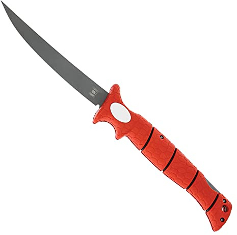 BUBBA 7 Tapered Flex Folding Knife with Non-Slip Grip Handle, Offset Full Tang Stainless Steel Blade, Lanyard Hole and Synthetic Sheath for Fishing
