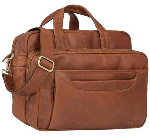 STILORD Sanchez Große Leder Tasche Vintage Umhängetasche Laptoptasche 15,6 Zoll Lehrertasche Aktentasche für breite DIN A4 Ordner XL Arbeit Büro Studium Farbe:Cognac - braun