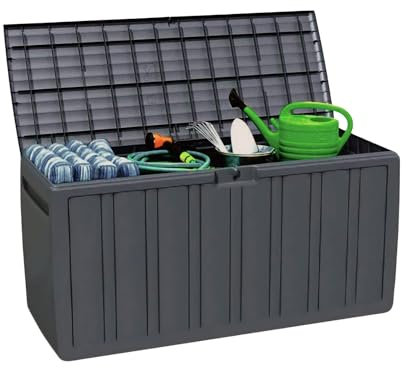 Coffre Extérieur GH91 en Résine Grise | Pour Jardin, Terrasse ou Balcon | Étanche | Pour Objets et Jouets | 270 Litres | 117 x 45,5 x 57 cm