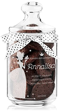 Maverton Biscottiera in vetro - capienza 1L - incisione personalizzata - chiusura ermetica - dimensioni 21 cm x 8,5 cm - perfetta idea regalo per la Donna - principessa