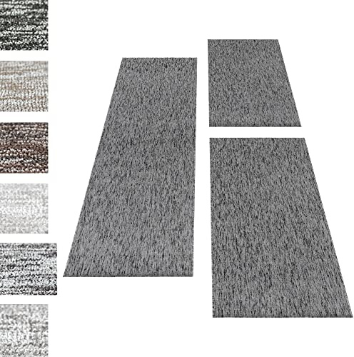 Carpettex Kurzflor Teppich Set Schlafzimmer Bettumrandung 4mm Florhöhe 3 Teile Set, Farbe:Grau, Bettset:2 mal 60x100 + 1 mal 80x250