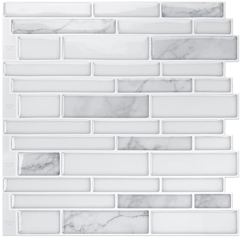 Art3d 10-Sheet Premium Stick On Kitchen Backsplash Tiles, 12x12 Peel and Stick Self Adhesive Wall Tiles, White Marble Design