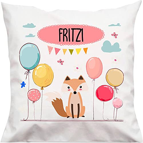 Kleckerliese Kinder Kissen Fuchs mit Balon Regenbogen Balloons Kissenbezug Weiss Kissenhülle 40x40 cm