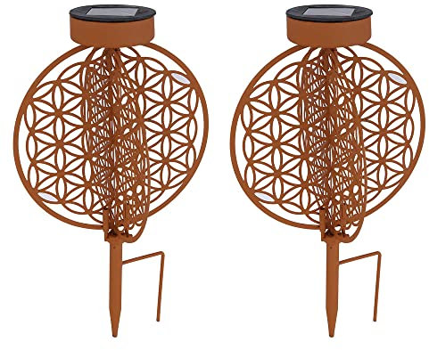 Solarkugel rost für Außen Solarleuchte rost Garten Solarlampe mit Erdspieß, Lichteffekt Muster Lebensblume, 1x LED warmweiß, DxH 20 x 31 cm, 2er Set