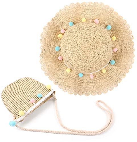 MAMUNU Strohhut und Kleine Tasche Set, Sommer Sonnenhut Mädchen Kinder, Kinderstrohhut mit Blumendekoration für den Tourismus Urlaub Reise Strand Outdoor-Aktivitäten,Stil 03 Beige