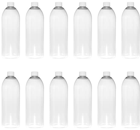 TEC 1 Litre Pet Plastic Bottles with White Lids 28/410 (28) | UK Made Caps Clear Empty Containers Tall Boston Round 30% Recycled RPET and Fully Recyclable