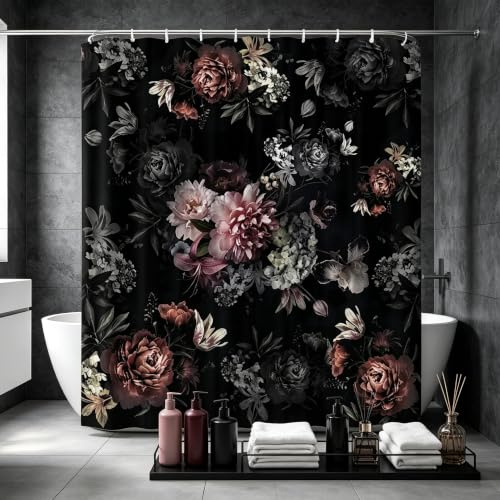 LAEDCIITI Schwarzer Blumen-Duschvorhang, Retro, Boho, Aquarell, Blume, Rose, elegant, rustikale Pfingstrose, Vintage-Blätter, Blüten, bunt, modern, ästhetisch, botanischer Stoff, Badvorhang mit Haken