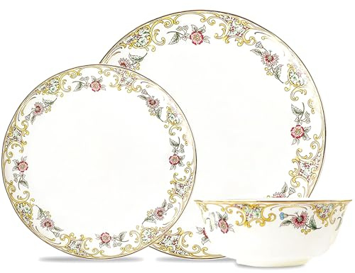 ACMLIFE Bone China Dinnerware Set for 4, 12-Piece Vintage Floral Dinnerware Set, Kitchen Plates and Bowls Set, Christmas Gifts for Women (White)