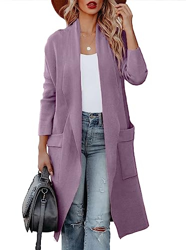 Uusollecy Cardigan Donna Lungo a Maniche Lunghe Drappeggiato Aperto con Tasche Cardigan Donna Autunno Invernale,Lavanda,L