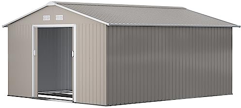 Outsunny 13 x 11ft Metal Garden Shed, Outdoor Storage Tool House with Ventilation Slots, Foundation Kit and Lockable Double Doors, Light Grey