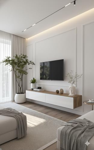 MINIO go for it, Meuble TV Donna Largeur 180 cm Lowboard avec LED | Debout ou Suspendu, Wotan Chêne / Blanc Brillant