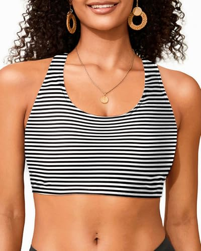 Holipick Damen Sport-BH, Bikini-Oberteil, überkreuzt, U-Ausschnitt, Badeanzug, nur Oberteil, Schwarzer Streifen, S