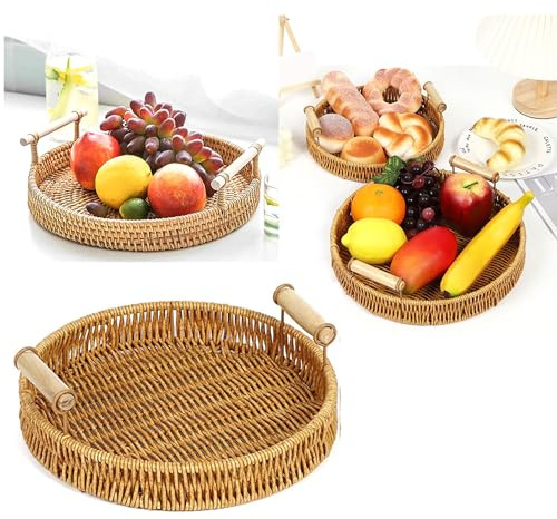 28cm Wicker FRUIT TRAY -Handled FRUIT BASKET, RATTAN FRUIT BOWL, Wicker Bread Basket, Decorative Woven Table Piece (28cm FRUIT Tray)