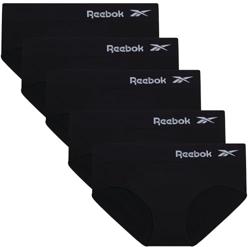 Reebok Hipster Panties for Women - 5 Pack Stretch Performance Seamless Underwear with Relaxed Tag-Free Waistband (S-XL), Size Large, All Black
