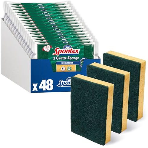 SPONTEX - Scheuerschwamm mit Langer Lebensdauer – 48 grüne Scheuerschwämme (16 Packungen mit je 3 Stück). 2 x langlebiger Schwämme