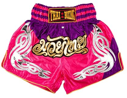 MUAY NATION Pantaloncini Muay Thai per Uomo e Donna, Pantaloncini da Boxe MMA dal Taglio Slim, Abbigliamento da Allenamento per Kickboxing (IT, Testo, M, Regular, Regular, Prm Rosa/Viola)