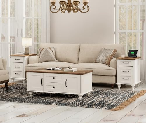 WAMPAT 3 Pieces Living Room Table Set, One Modern Coffee Table with Storage Cabinet, Set of 2 End Tables Nightstands with Charging Station, White