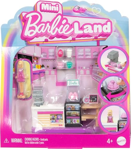 Barbie Mini BarbieLand Collectible Bakery Playset with 1.5-Inch Doll, Coffee Maker Station, Pastry Display and Seating Area for Storytelling Play, JCR31