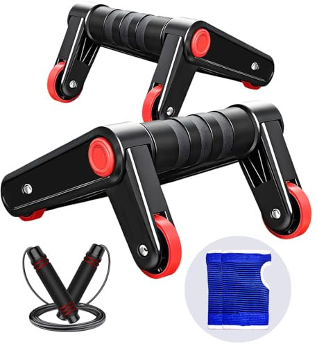 AOUZEA Springseil, Speed Rope Verstellbar mit Hautfreundlichen Schaum Griffe, Faltbare Liegestützgriffe mit Bauchmuskeltraining Funktion und Handschuhen, Heimfitness Set