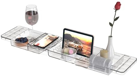 LEAQU Bathtub Tray Caddy, Expandable Size Bath Table, Transparent Acrylic Drain Bath Shelf Caddy Tray, Bathtub Tray Table for Home Spa Relax, Bathtub Storage Rack for Candle Towel, Book, Wine transpa