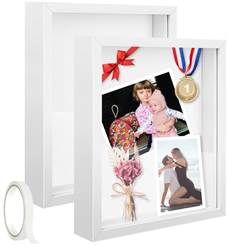 2 Pack 11 x 14in Shadow Box Frame Shadow Boxes Display Cases 3D Picture Frame Shadow Boxes Display Cases with Adhesive Tape for Baby Items Wedding Memories Awards Medals Tickets and Photos(White)