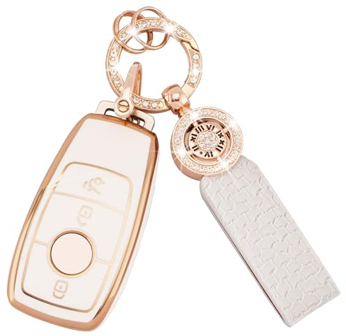 Koaudb Autoschlüssel Hülle für Benz Zubehör 3 Tasten TPU Schlüsselhülle | für Benz A B C E G S SL CLS-Klasse AMG Auto Schlüsselcover Schlüssel Hülle mit Schlüsselanhänger Weißgold