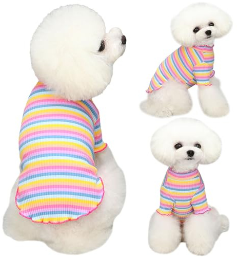 Yaopelky Hundebekleidung für kleine und mittelgroße Hunde, Regenbogen-gestreift, dehnbar, langärmelig, Katzen-T-Shirt, Haustier-Outfits für Chihuahua, Yorkie, Teddy (Pink Egde, L)