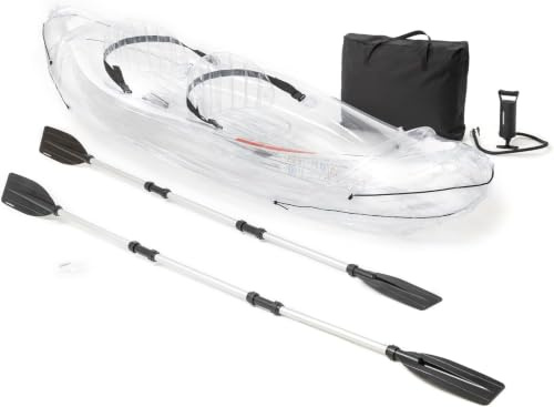 Kayak Inflable Transparente 2 plazas 2 asas de transporte con accesorios: inflador manual + 2 remos + 2 asientos inflables + bolsa de transporte + kit de reparación.