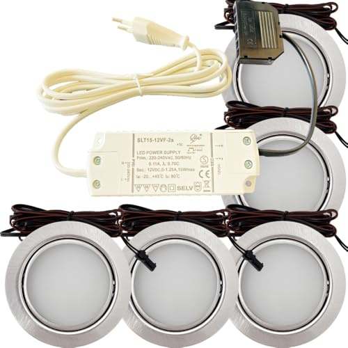 Lichtfaktor24 5er Set LED Möbel Einbauleuchten in Edelstahl Gebürstet - Superflach 3W Warmweiß 3000K 180lm 12V mit 15W Trafo 230V Zuleitung für Wohnzimmer, Küche oder Bad
