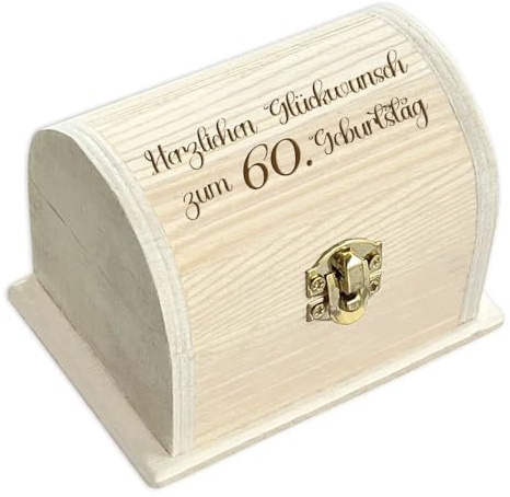 Geldgeschenk Schatzkiste zum 60. Geburtstag aus Holz mit Gravur & Runddeckel, Metallscharniere und echtem Metallverschluss, Größe 10,5 x 6,5cm, Geschenkidee - ideal für alle Geldscheine bis 100 Euro