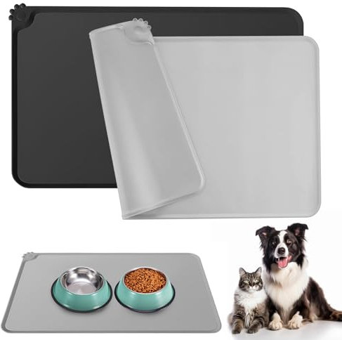 Domkan 2 Napfunterlage für Katzen und Hund, 48x30cm Hundenapf Unterlage, Silikon Rutschfeste Futtermatte, Wasserdichte Napfunterlage Mit Rand, Schwarz und Grau