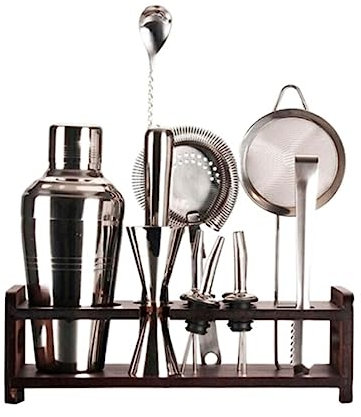 NESPIQ Shaker À Cocktail pour Mélanger Boissons Ensemble De Shaker À Cocktail De 12 Pièces avec Support en Bois Kit De Barman en Acier Inoxydable pour Bar De Fête pour Bar Fête(Blue,Silver)