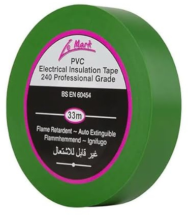 Le Mark Green PVC Electrical Insulation Tape - 33m x 19mm, Flame Retardant, RoHS & BS EN 60454-2 Compliant, Water & Abrasion Resistant, Easy Unwind & Tear, Professional Grade