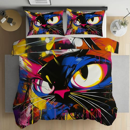 Kntnshac Cartoon Tierdruck Katze Bettwäsche 135x200 Graffiti Tiere Microfaser Wendebettwäsche Bettwäsche-Set Teenager mit Reißverschluss，Enthält 1 Bettbezug und 2 Kissenbezug 80x80 cm